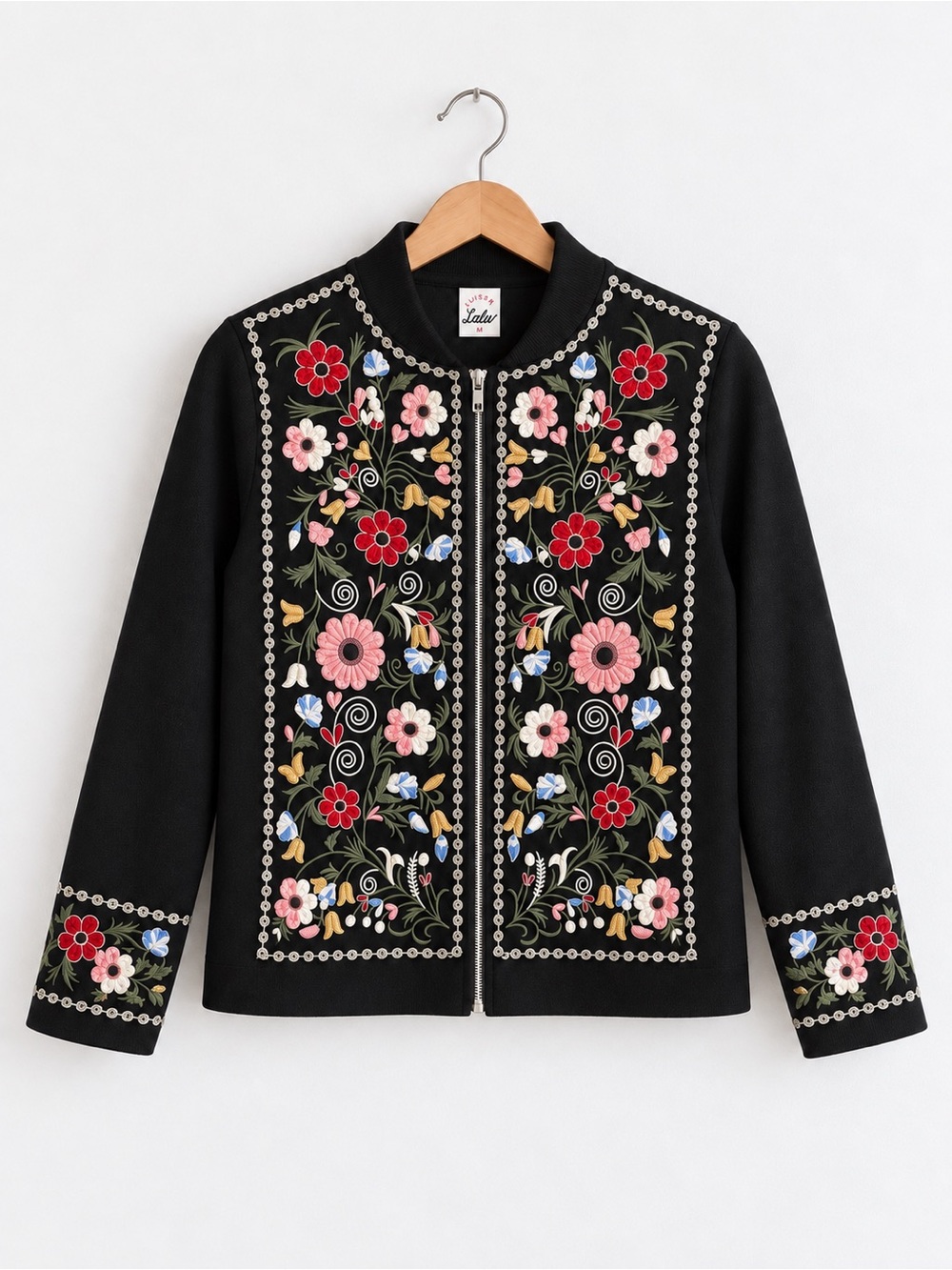 Selfie Leslie Black Floral Embroidered Full Zip Cardigan Jacket Women’s Medium